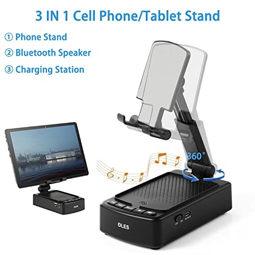 A 3-in-1 cell phone and tablet stand with Bluetooth speaker and charging station.