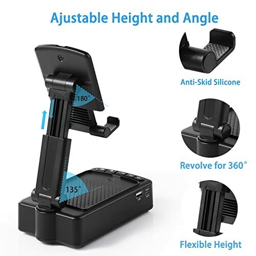 An adjustable height and angle phone stand with anti-skid silicone base.