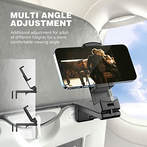 Phone mounted on airplane seat back with multi-angle adjustment.