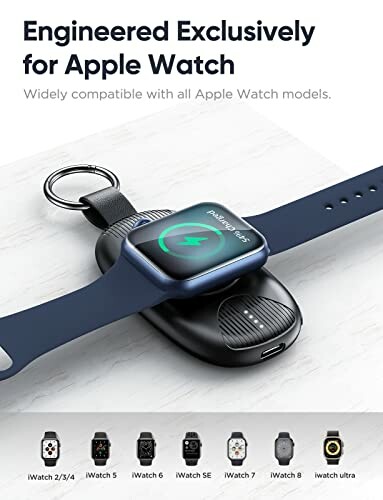 Apple Watch on a charging pad with keychain.