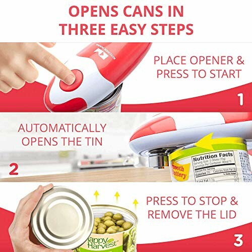 Instructions for using an automatic can opener in three steps.