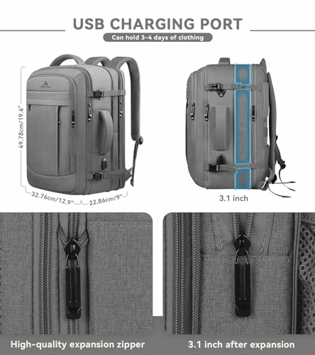 Expandable grey backpack with USB charging port and high-quality zipper.