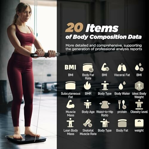 Woman using body composition scale with 20 data items listed.