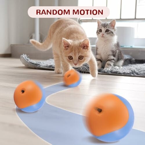 Two kittens playing with orange and blue motion toys on the floor.