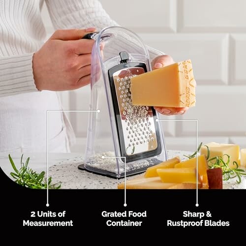 Person grating cheese with a container grater, featuring measurement units and rustproof blades.