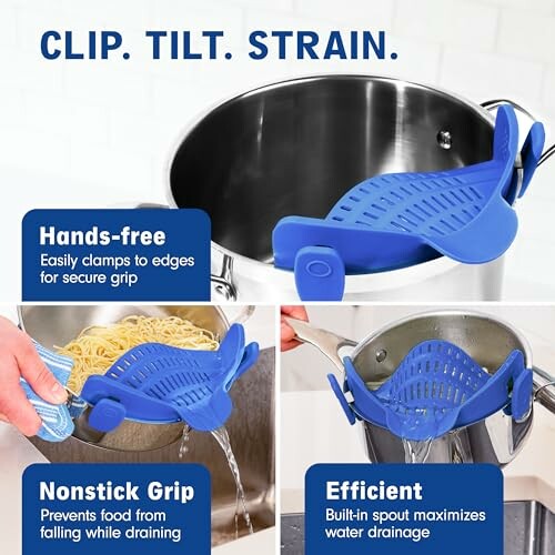 Clip-on strainer for pots with hands-free, nonstick grip, and efficient water drainage.