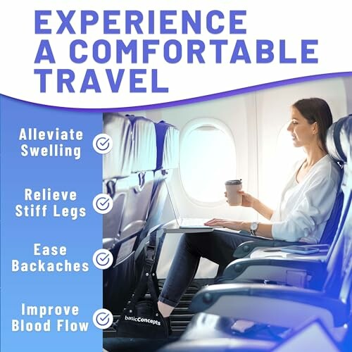 Woman sitting comfortably on an airplane with benefits of travel listed.