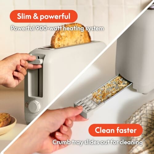 Compact toaster with 900-watt power and easy-clean crumb tray.