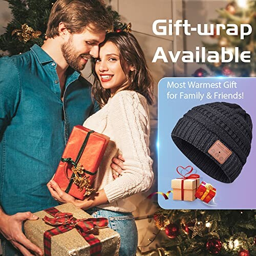 Smiling couple holding wrapped gifts by a Christmas tree, promoting gift-wrap availability and a warm hat as a gift option.