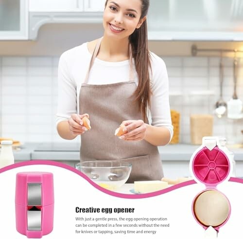 Woman using a creative egg opener in the kitchen.