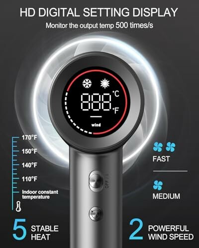 Digital hair dryer display showing temperature and wind speed settings.