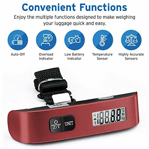 Digital luggage scale with convenient functions like auto-off and overload indicator.