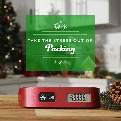 Digital scale on counter with holiday background and text 'Take the stress out of packing'.