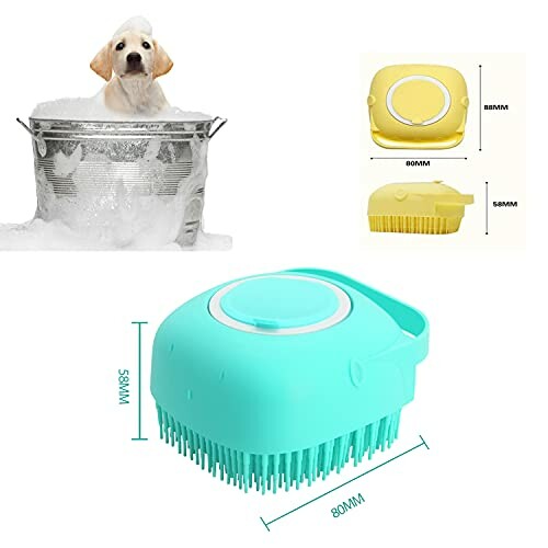 Dog in bathtub and silicone grooming brush with dimensions