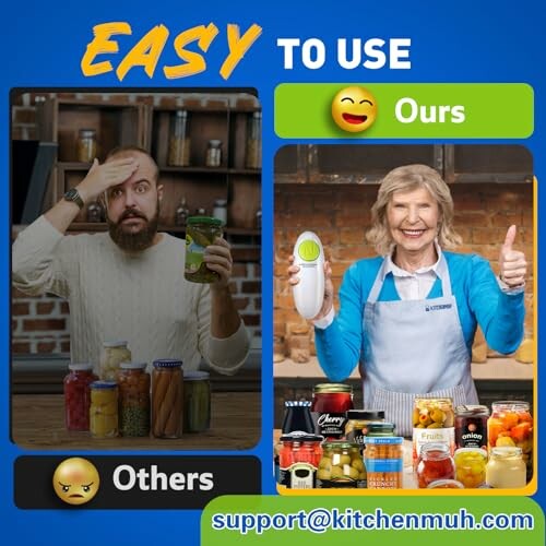 Comparison of a frustrated person with jars and a happy person using a jar opener.