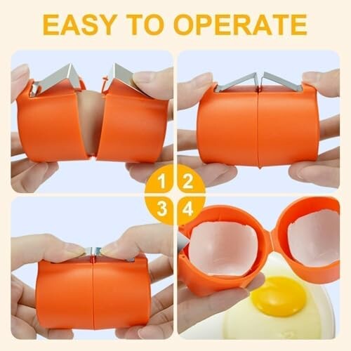 Four-step guide to using an orange egg-cracking tool.