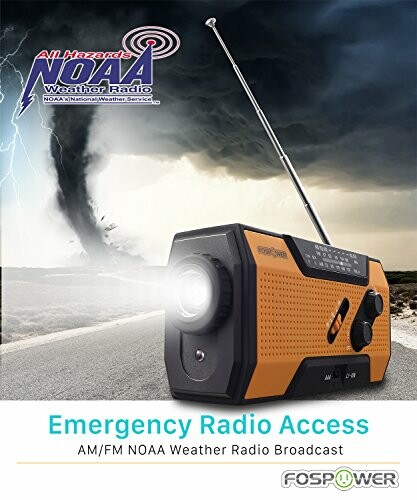 Emergency radio with NOAA weather access advertisement.