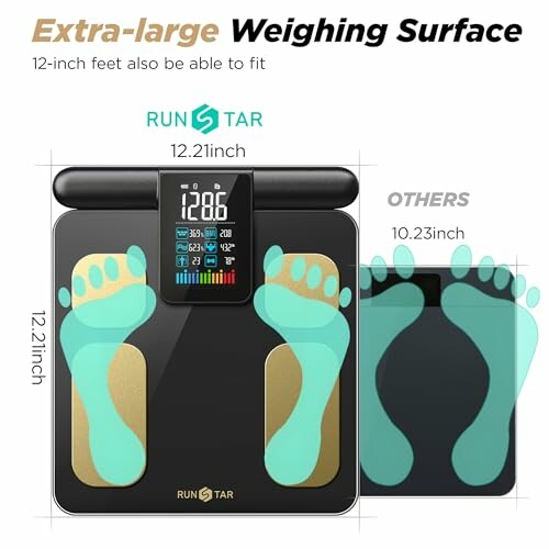 Digital scale with extra-large weighing surface and footprint illustration.