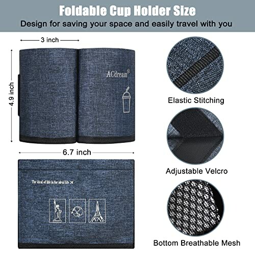 Foldable cup holder with dimensions and features.