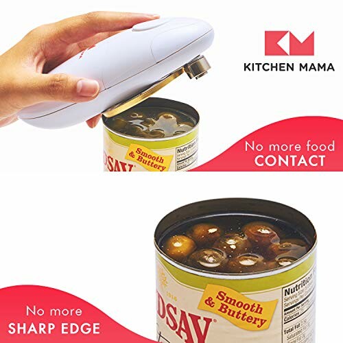 Automatic can opener cutting open a can, highlighting no contact and no sharp edges.