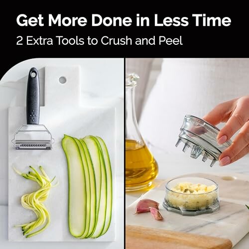 Kitchen tools for crushing and peeling vegetables.