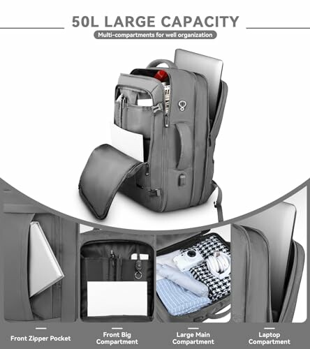 50L large capacity backpack with multiple compartments, showing front zipper pocket, big compartment, main compartment, and laptop compartment.