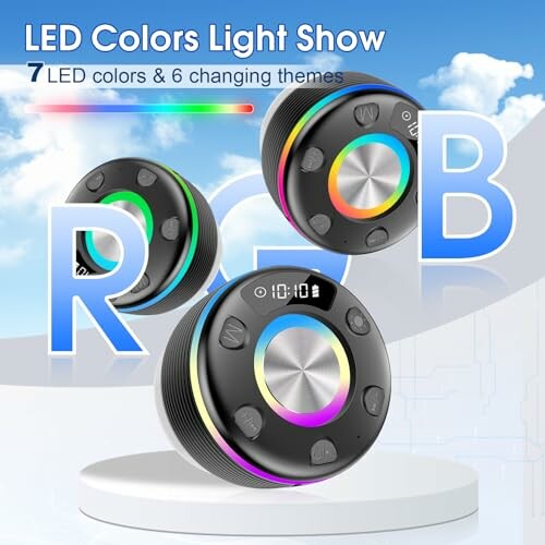 LED light show with color-changing themes and digital display.