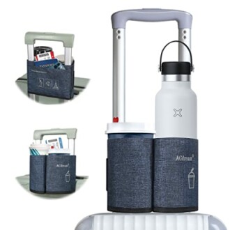 Luggage handle organizer with pockets for drinks and documents.