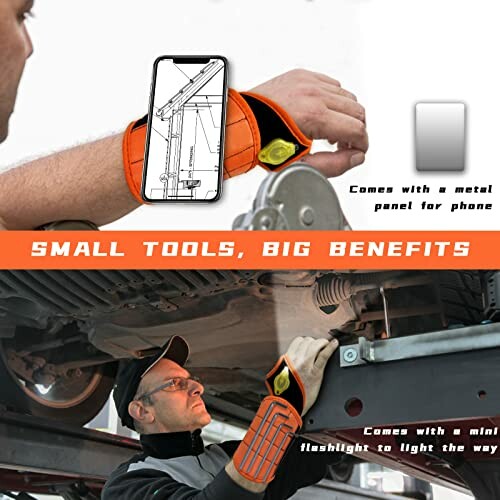 Magnetic wristband holding tools with smartphone panel, used by a mechanic.