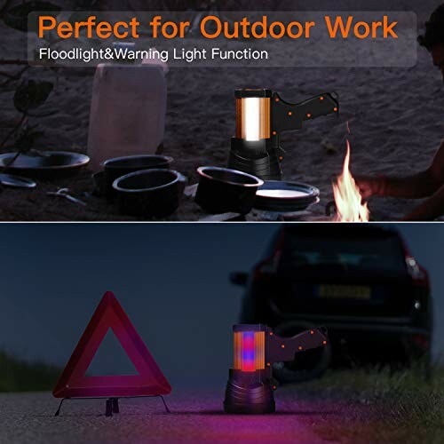 Portable light for outdoor work with floodlight and warning light features.