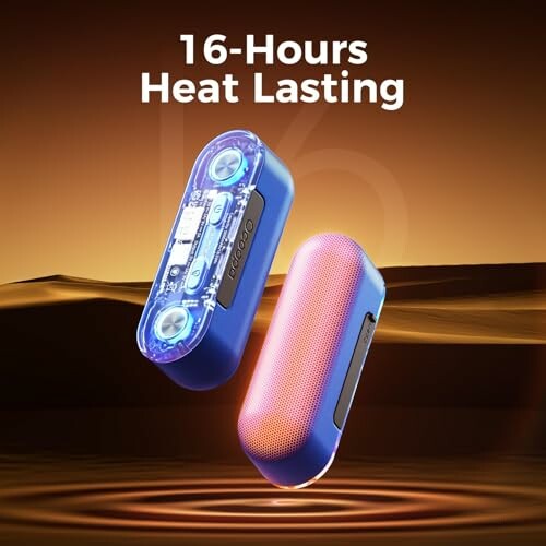 Portable heater with 16-hour heat lasting feature.