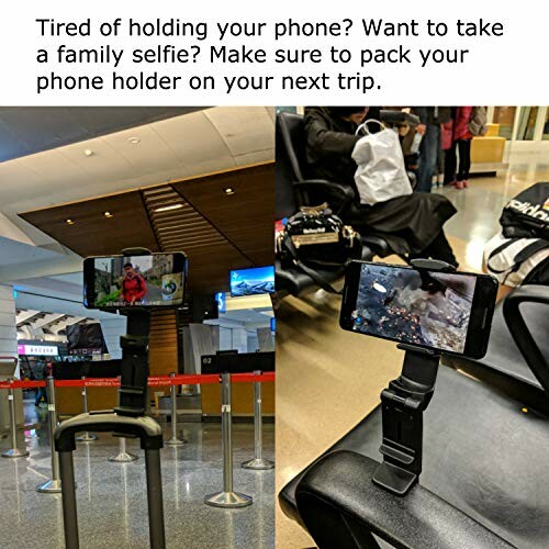 Collage showing a phone holder in an airport, attached to luggage and a chair.