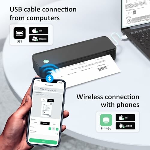 Portable printer with USB and wireless connections to computers and phones.