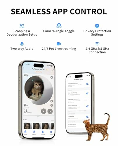 Smartphone app interface for controlling a cat litter box with a Bengal cat nearby.