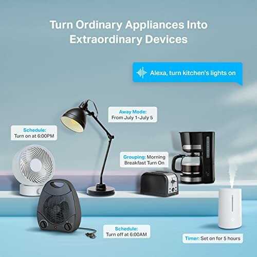 Smart home automation devices with schedule and voice control features.