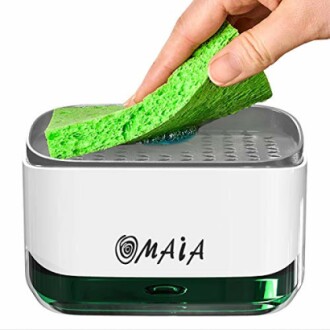 Hand pressing sponge on soap dispenser