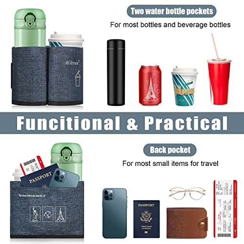 Travel organizer with two water bottle pockets and a back pocket for small items.