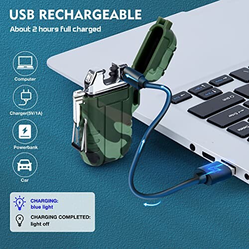 USB rechargeable lighter connected to laptop.