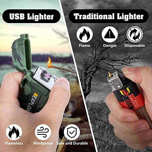 Comparison of USB lighter and traditional lighter with icons displaying features.