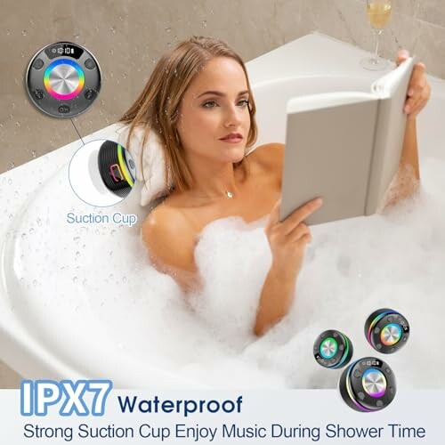 Woman in bathtub using waterproof speaker with suction cup.