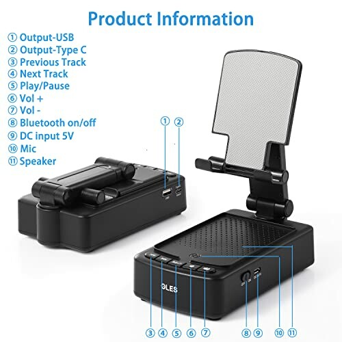 Product information for a wireless speaker with labeled buttons and ports.