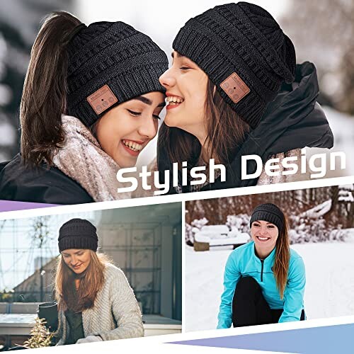 Women wearing stylish knit beanies in various settings